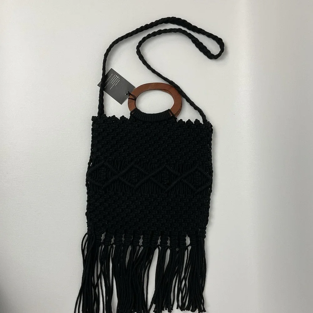 Danielle Nicole Black‎ Macrame Fringe Crossbody Shoulder Bag Boho Cottagecore